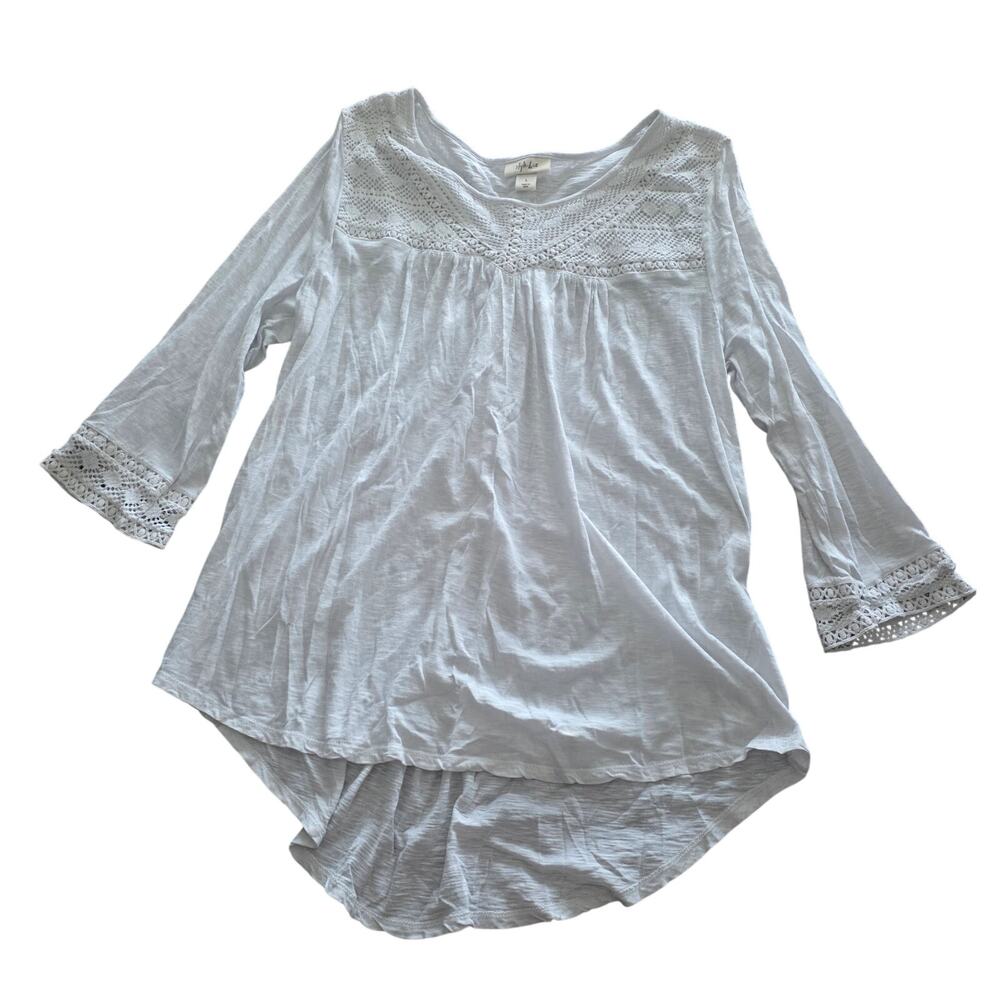 Style & Co White 100% Cotton 3/4 Sleeve High Low Blouse Large Lace Detail Basic
